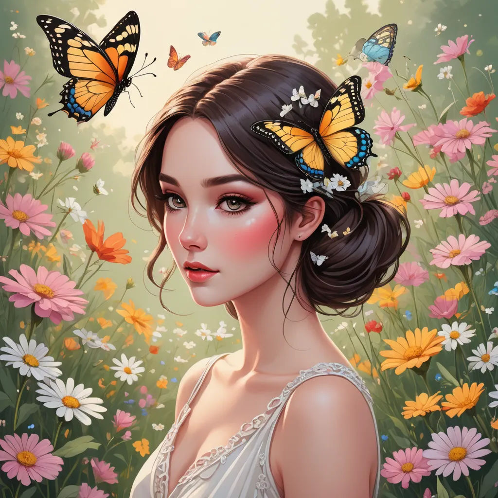 a woman with a butterfly in her hair and a butterfly in her hair, standing in a field of flowers, fantasy art, a detailed painting, Artgerm, highly detailed digital painting