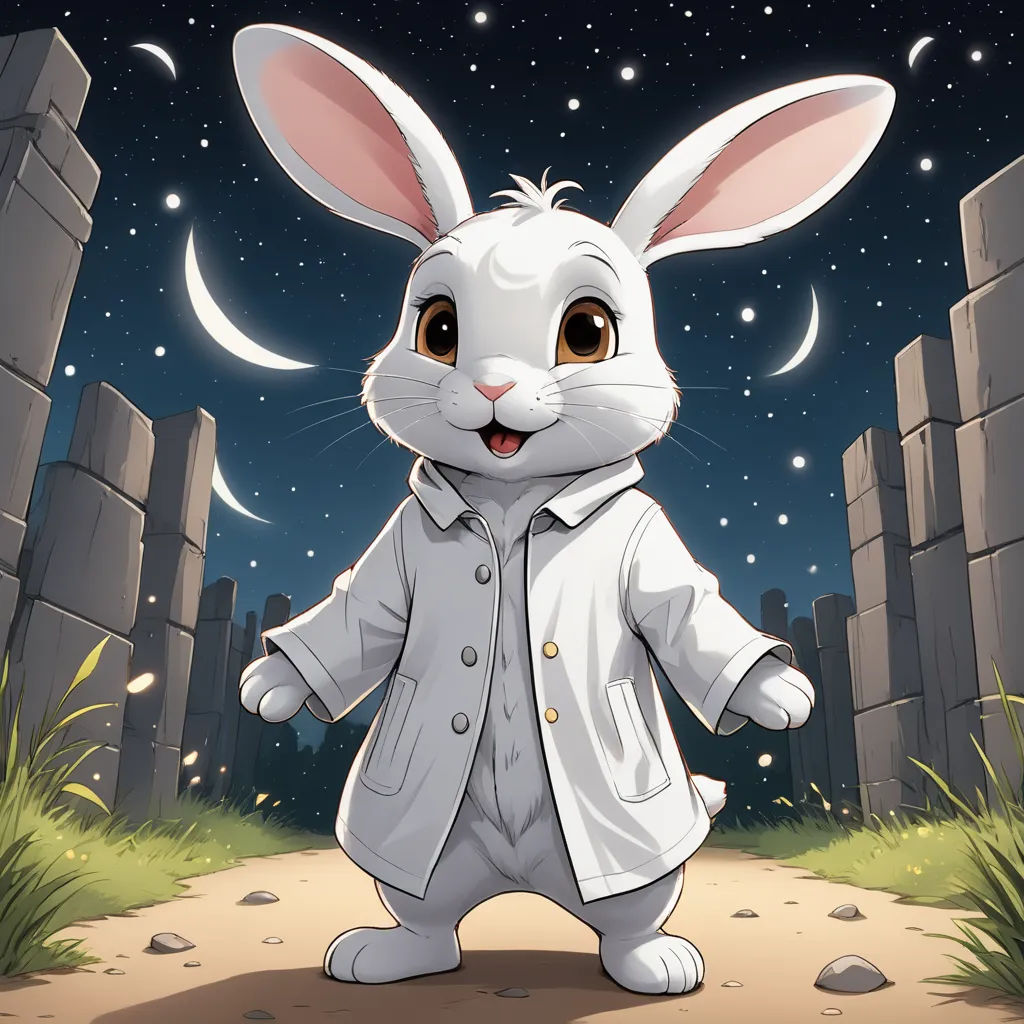 a cartoon rabbit dressed in a trench coat standing in front of a castle wall at night with stars and moon, furry art, a character portrait, Beatrix Potter, rossdraws global illumination