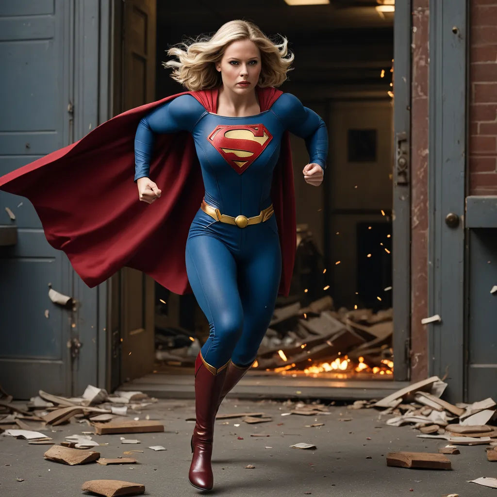 a woman dressed as a superman running through a building with a fire in the background and debris everywhere around her, superflat, a comic book panel, Darrell Riche, promotional image