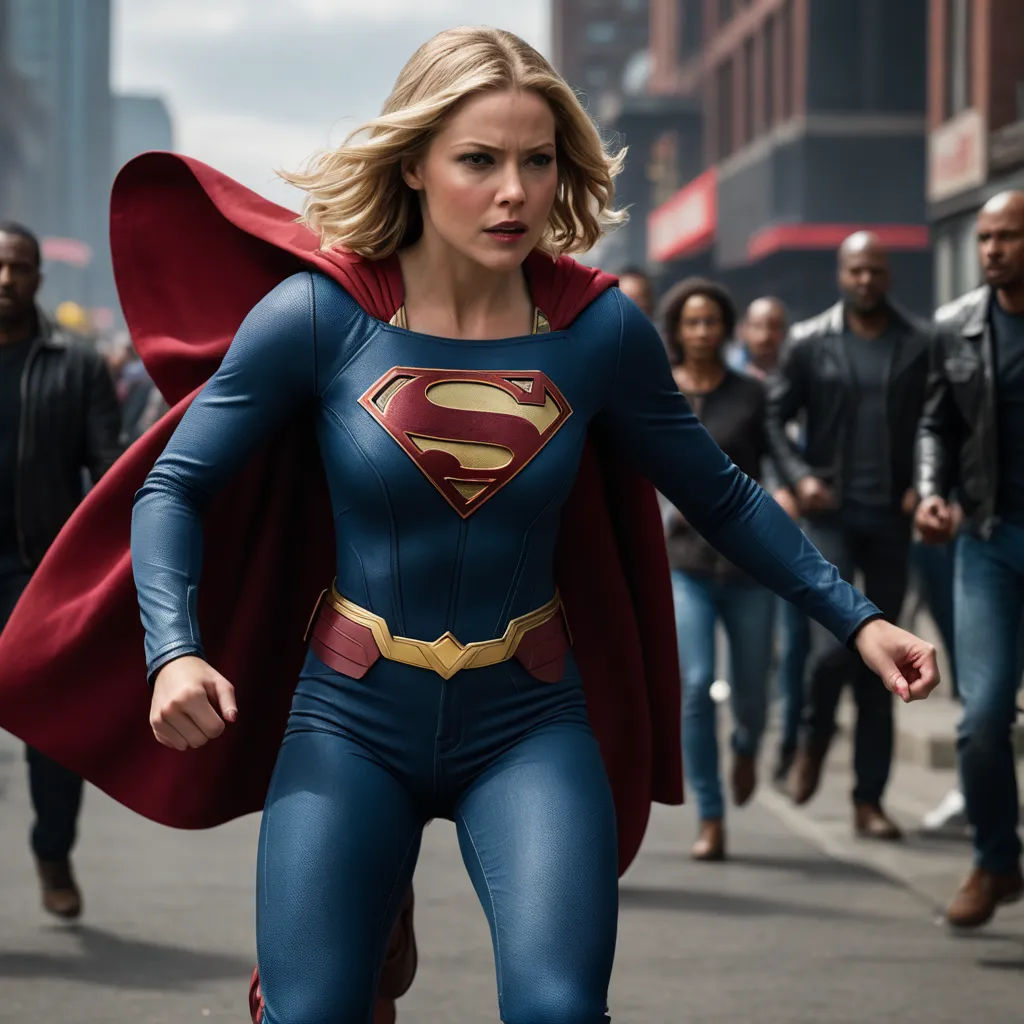 a woman dressed as a superman walking down a street with a group of people behind her on a city street, superflat, a comic book panel, Alan Davis, promotional image