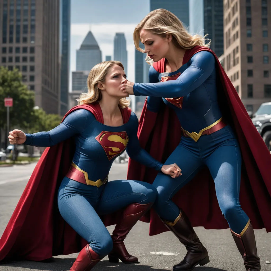 a woman in a superman costume is helping another woman with her cape on the street in a city setting, superflat, a comic book panel, Dave Melvin, promotional image
