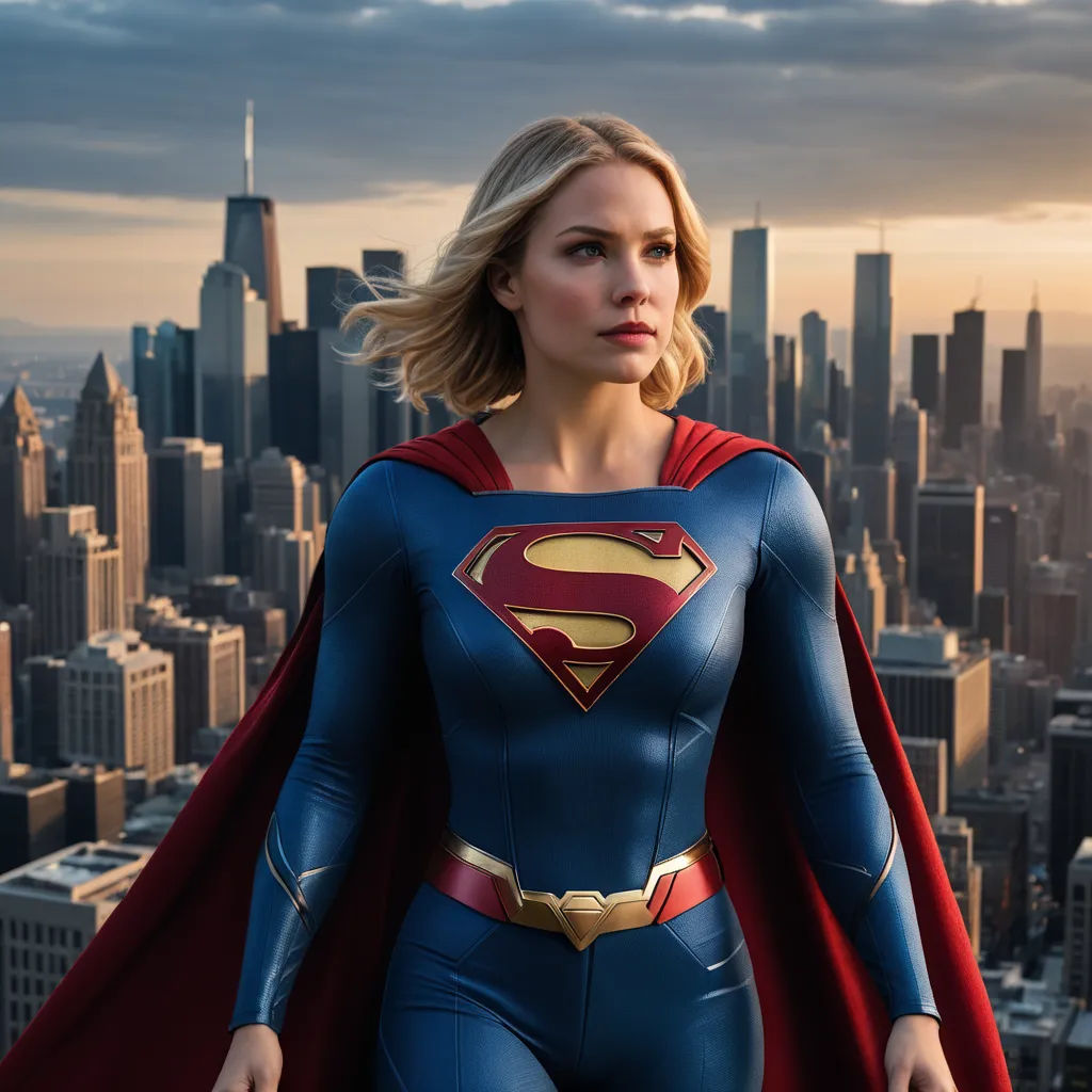 a woman in a superman suit standing in front of a cityscape with a cloudy sky in the background, superflat, a poster, Artgerm, promotional image