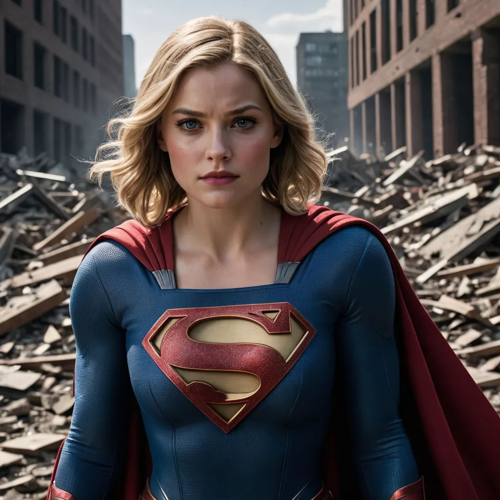 a woman in a superman suit standing in a rubble area with a city in the background and a building in the foreground, superflat, a comic book panel, Altichiero, promotional image