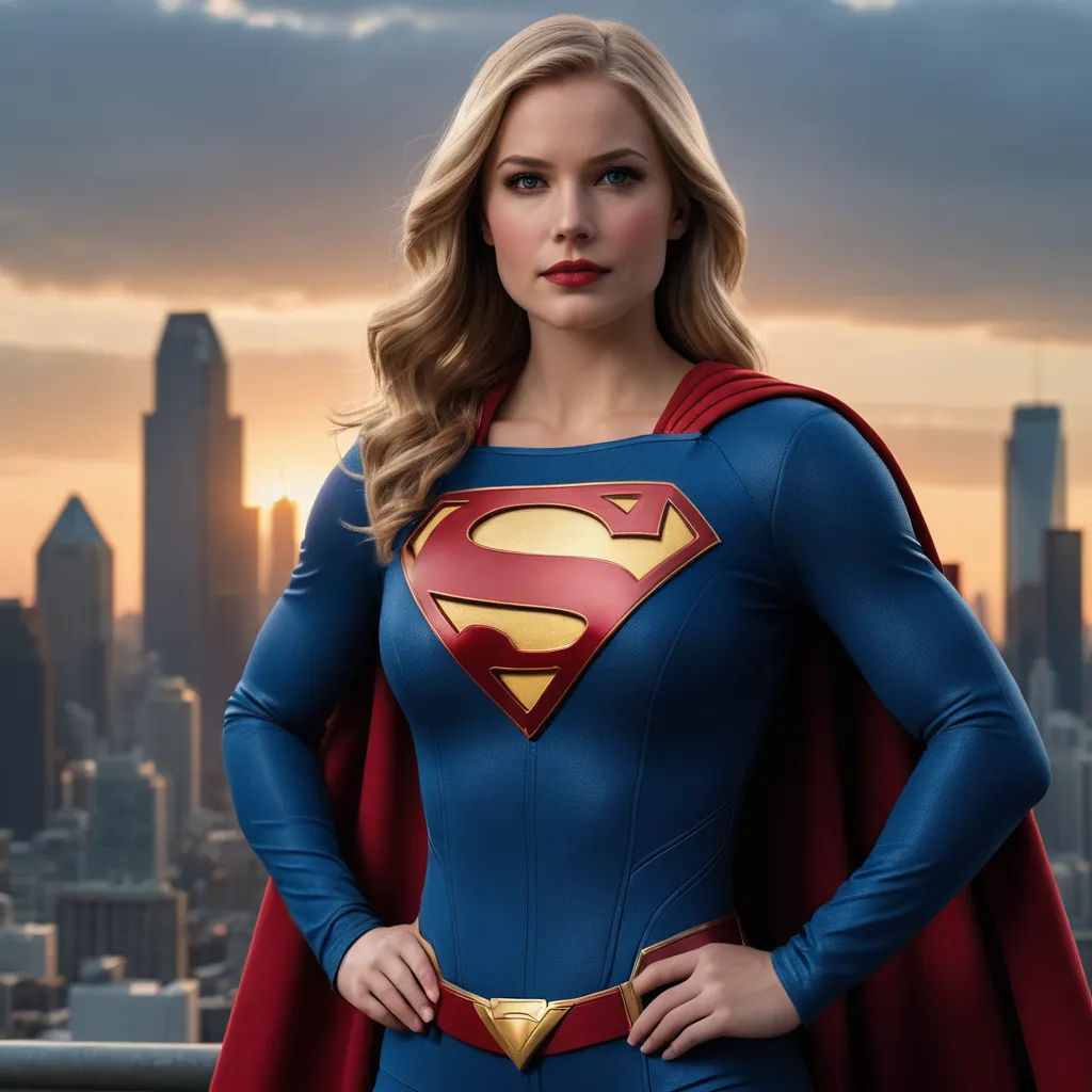 a woman in a superman suit standing in front of a city skyline with a red cape on her shoulders, superflat, a digital rendering, Artgerm, promotional image