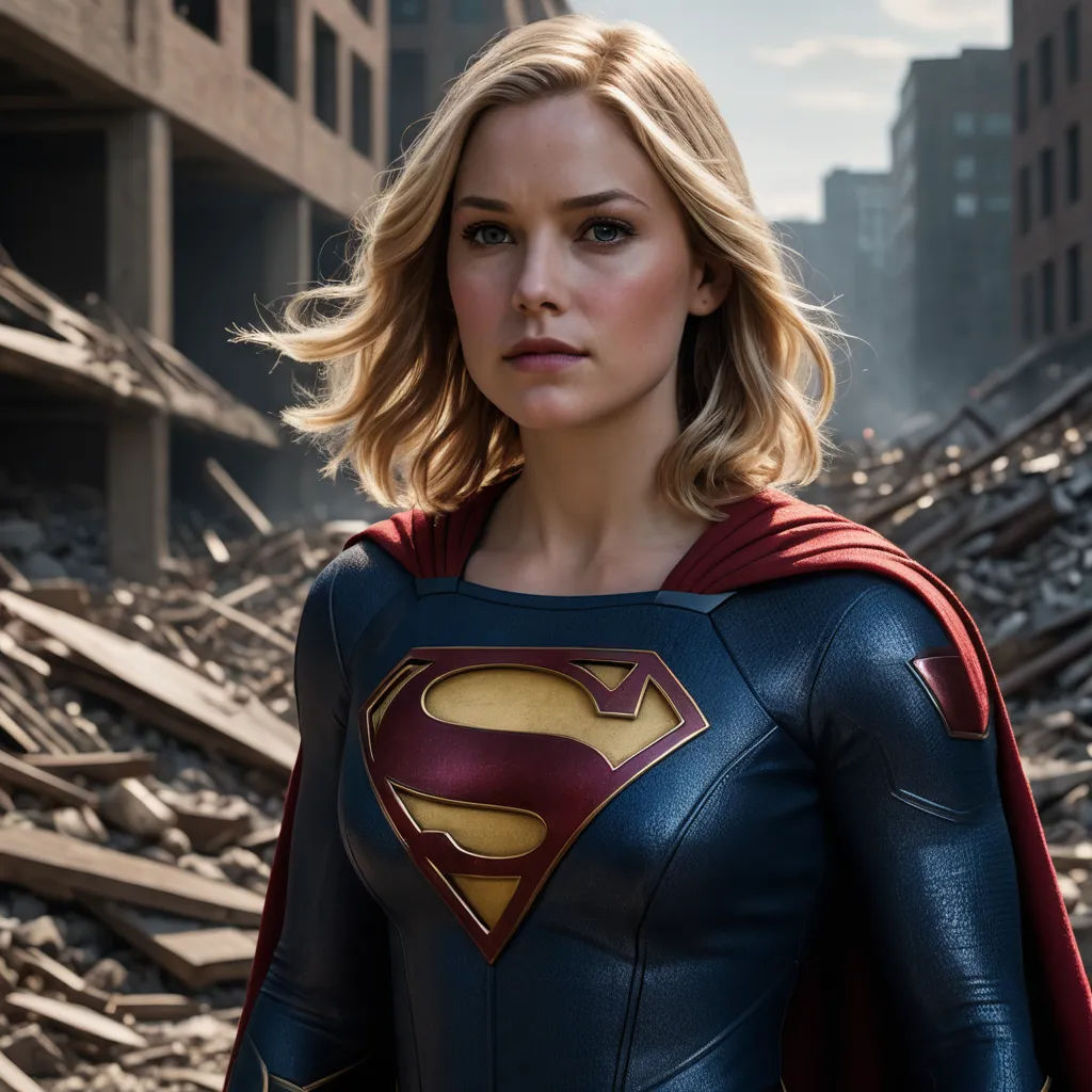 a woman in a superman suit standing in a destroyed area with a city in the background and a building in the background, superflat, a comic book panel, Anne Dunn, promotional image