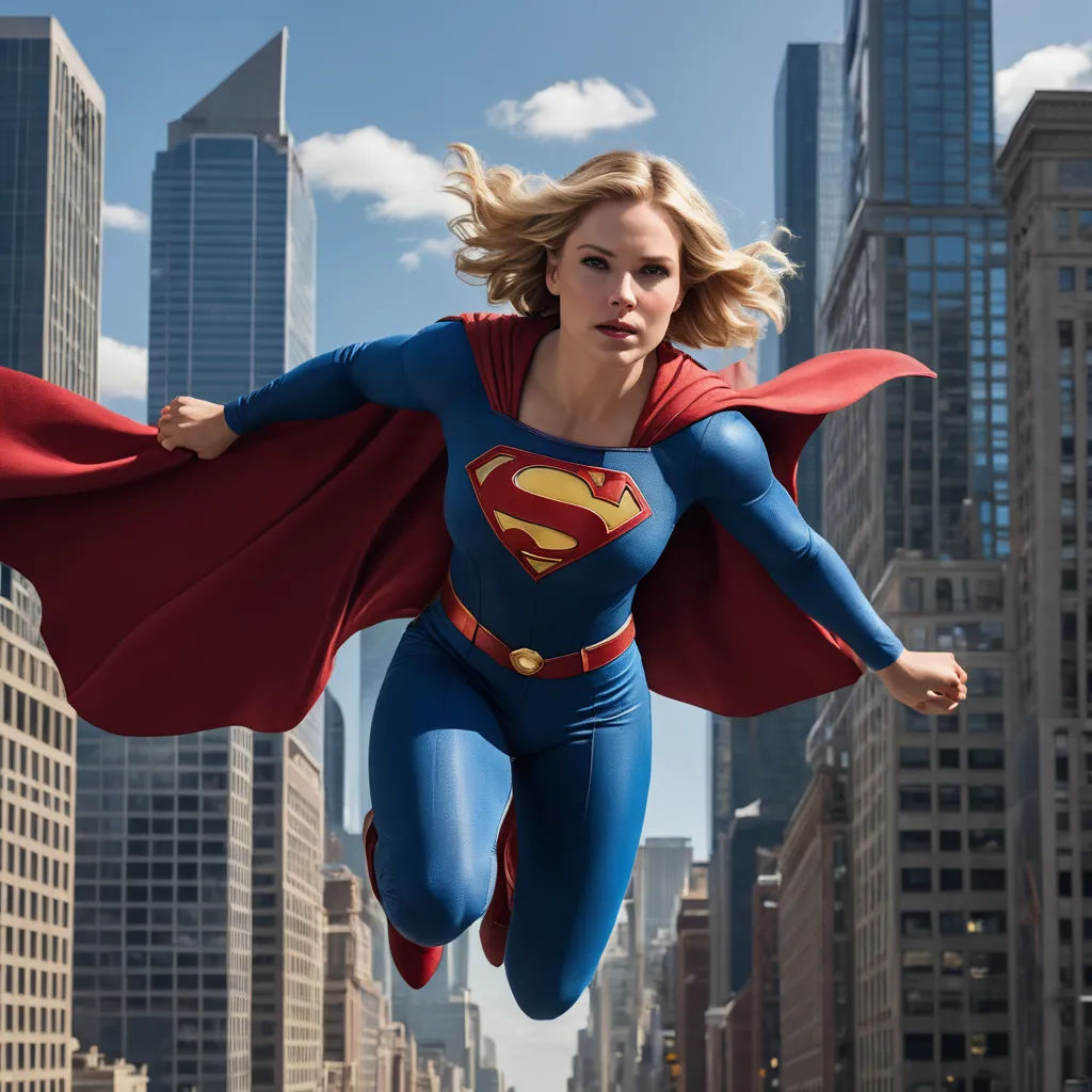 a woman in a superman costume is flying through the air in a city with skyscrapers in the background, superflat, a comic book panel, Alex Ross, promotional image