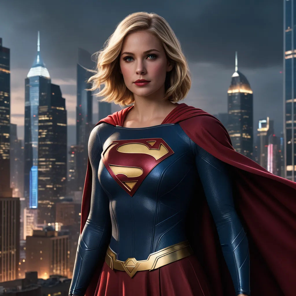 a woman in a superman suit standing in front of a city skyline with skyscrapers in the background and a cityscape in the foreground, superflat, concept art, Artgerm, promotional image