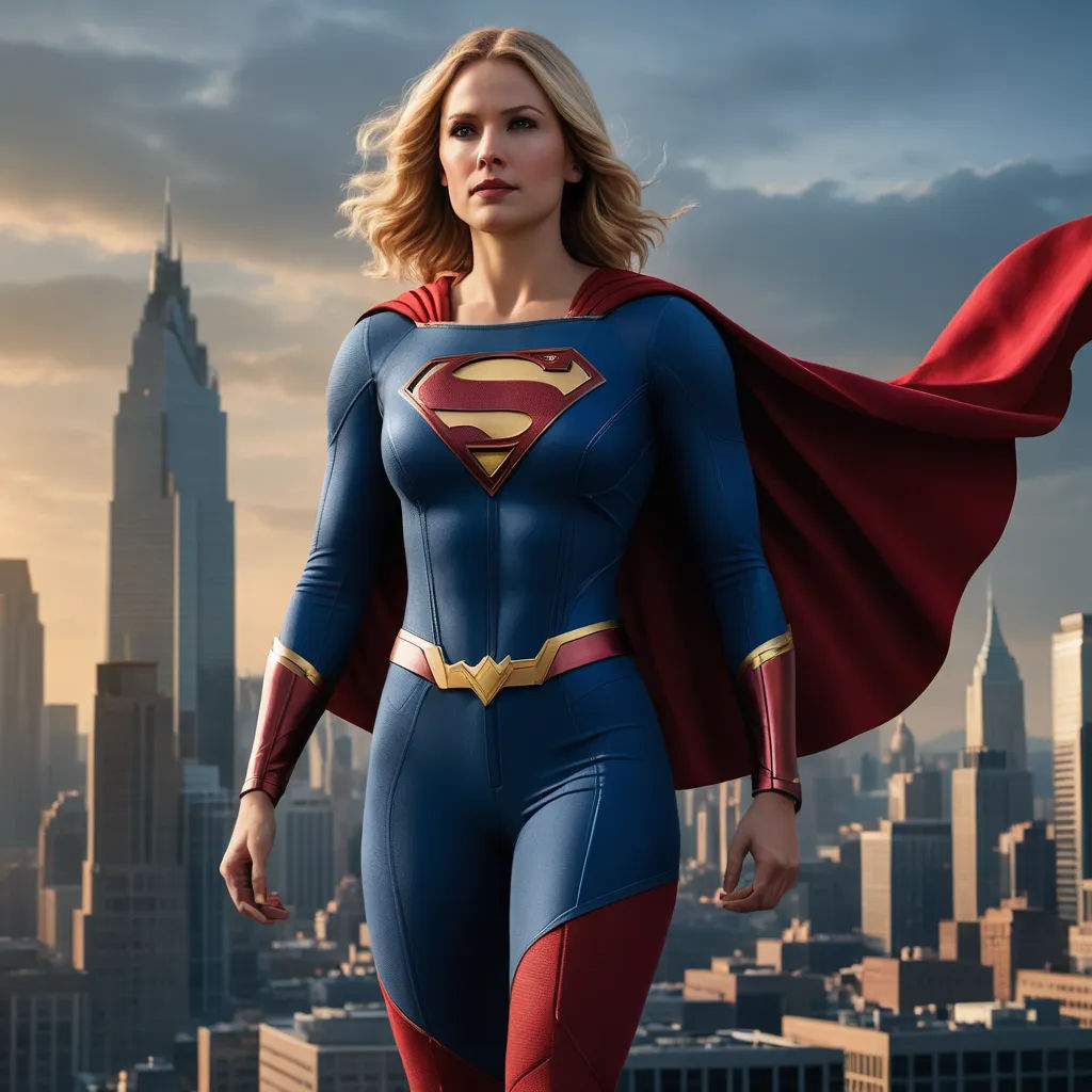 a woman in a superman suit standing in front of a city skyline with a red cape on her shoulders, superflat, concept art, Avgust Černigoj, promotional image