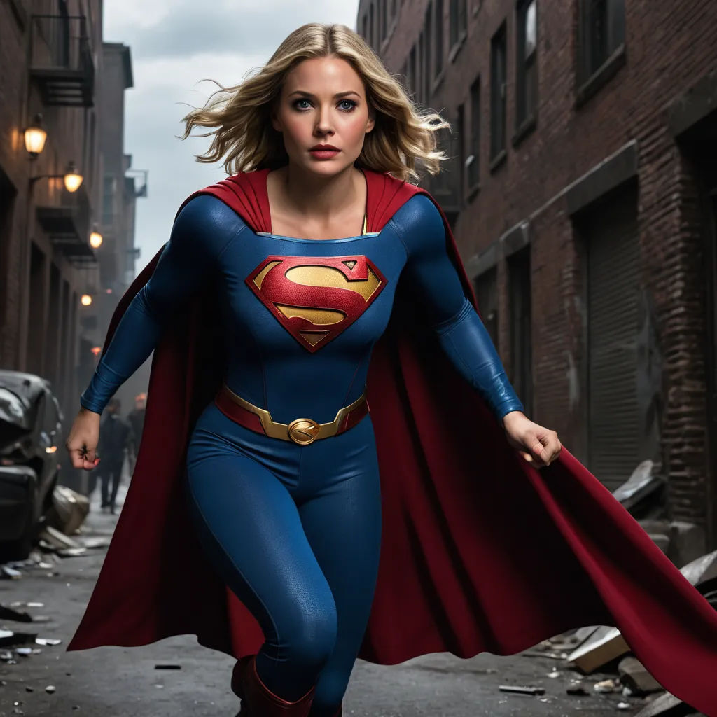 a woman in a superman costume is walking down a street with a red cape on her head and a red cape on her shoulders, superflat, a comic book panel, Everett Warner, promotional image