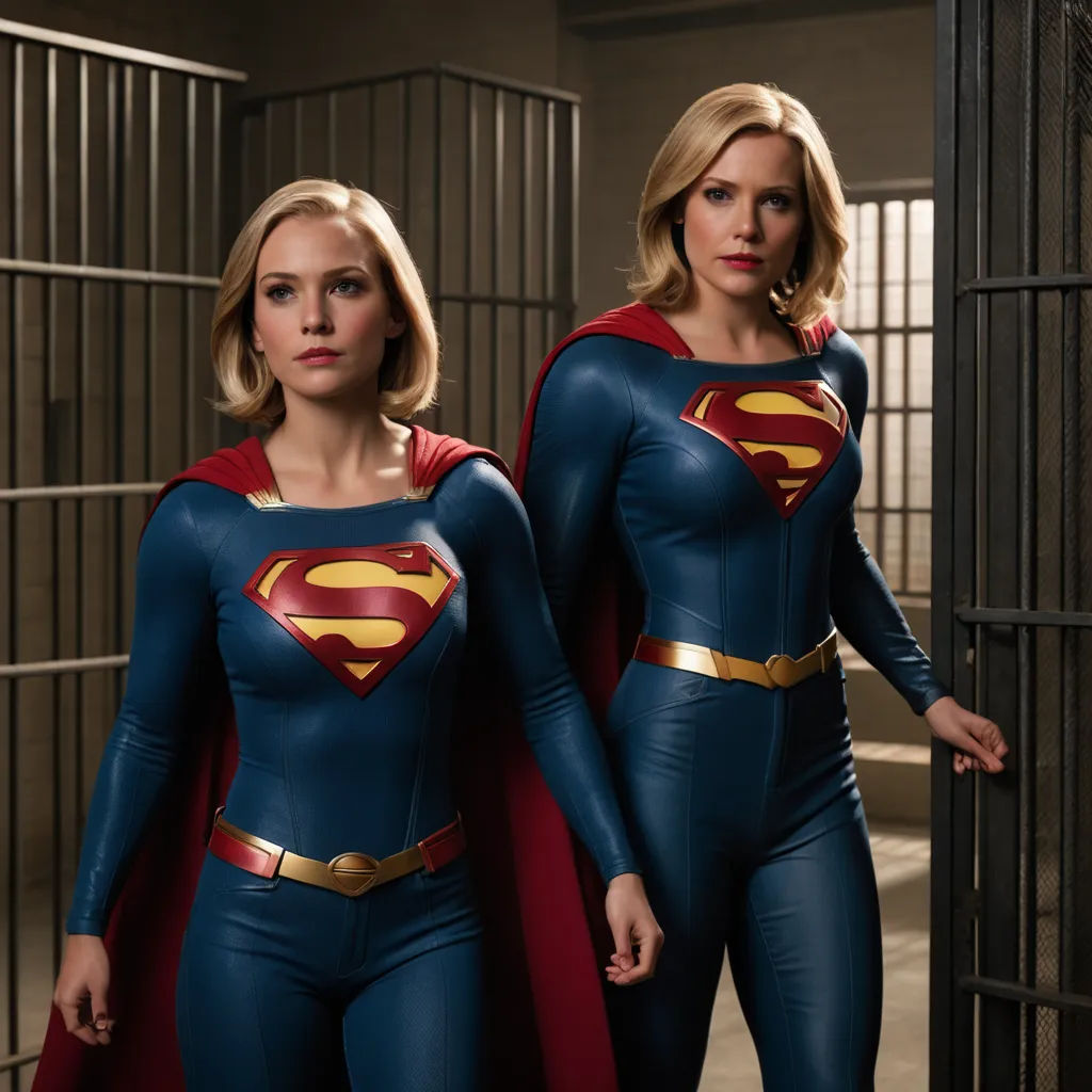 two women in superman costumes standing in a jail cell area, one wearing a red cape and the other a blue cape, superflat, a comic book panel, Americo Makk, promotional image