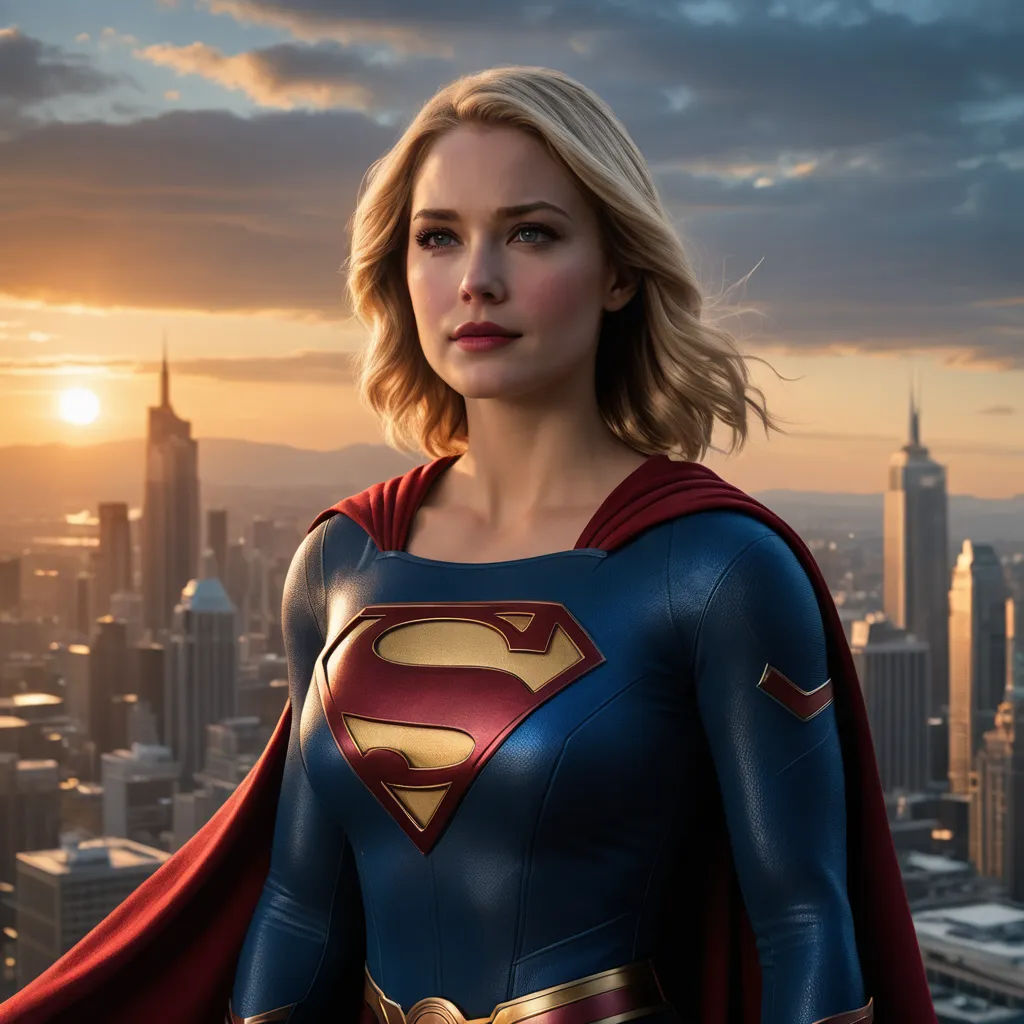 a woman in a superman suit standing in front of a city skyline at sunset with a city skyline in the background, superflat, a comic book panel, Artgerm, promotional image