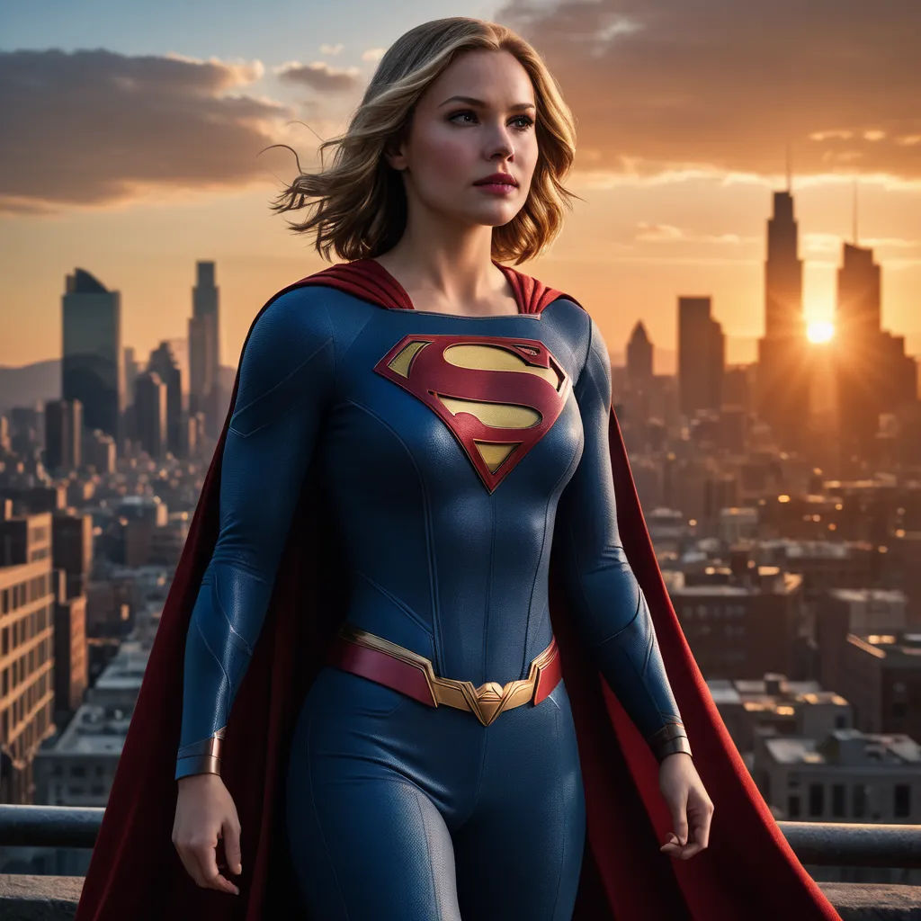 a woman in a superman suit standing in front of a city skyline at sunset with a red cape on, superflat, a comic book panel, Altichiero, promotional image
