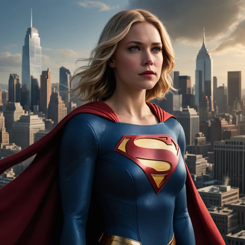 a woman in a superman suit standing in front of a city skyline with a red cape on her shoulders, superflat, a comic book panel, Artgerm, promotional image