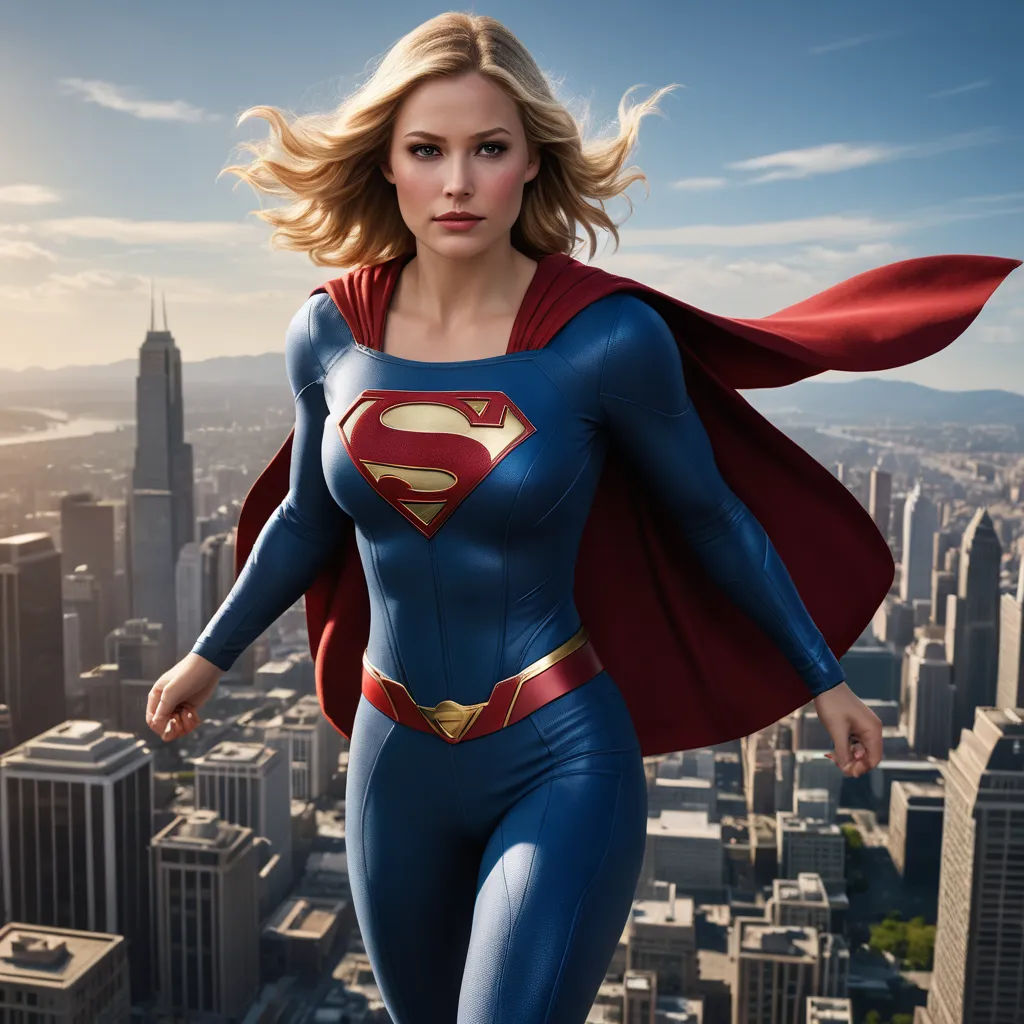 a woman in a superman suit is flying over a cityscape with a red cape on her head, superflat, a detailed matte painting, Artgerm, promotional image