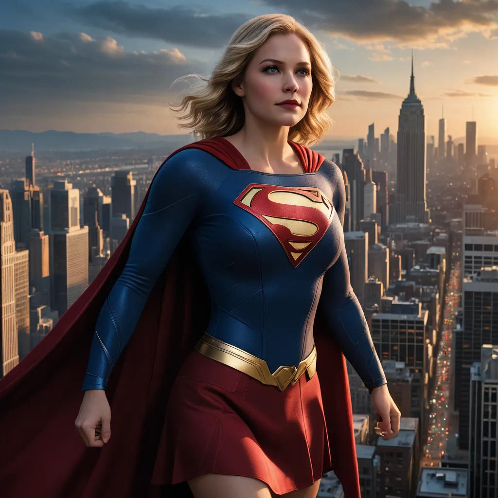 a woman in a superman costume is standing in front of a cityscape with a sunset in the background, superflat, a comic book panel, Artgerm, promotional image