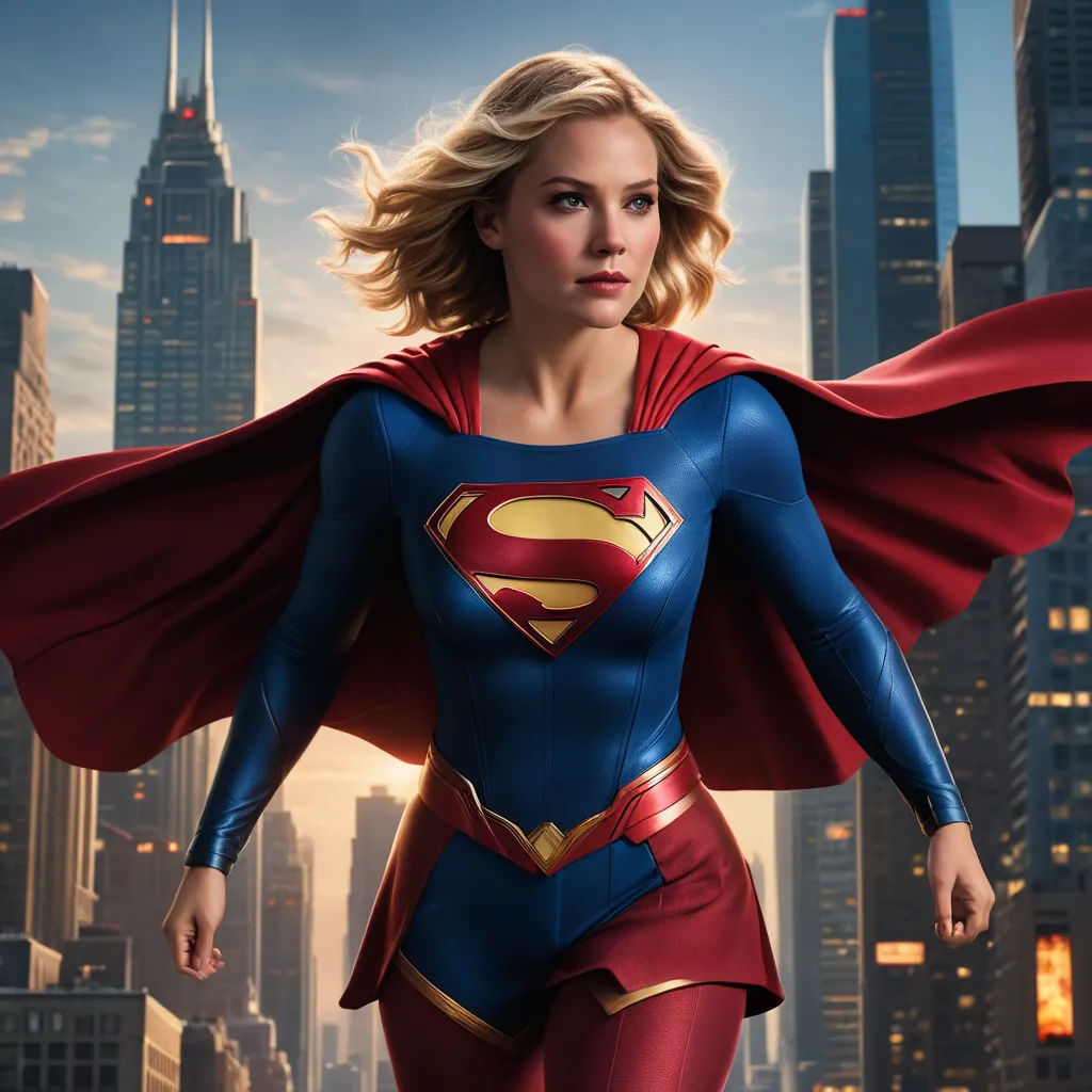 a woman in a superman suit is standing in front of a city skyline with skyscrapers and a skyscraper, superflat, a comic book panel, Altichiero, promotional image