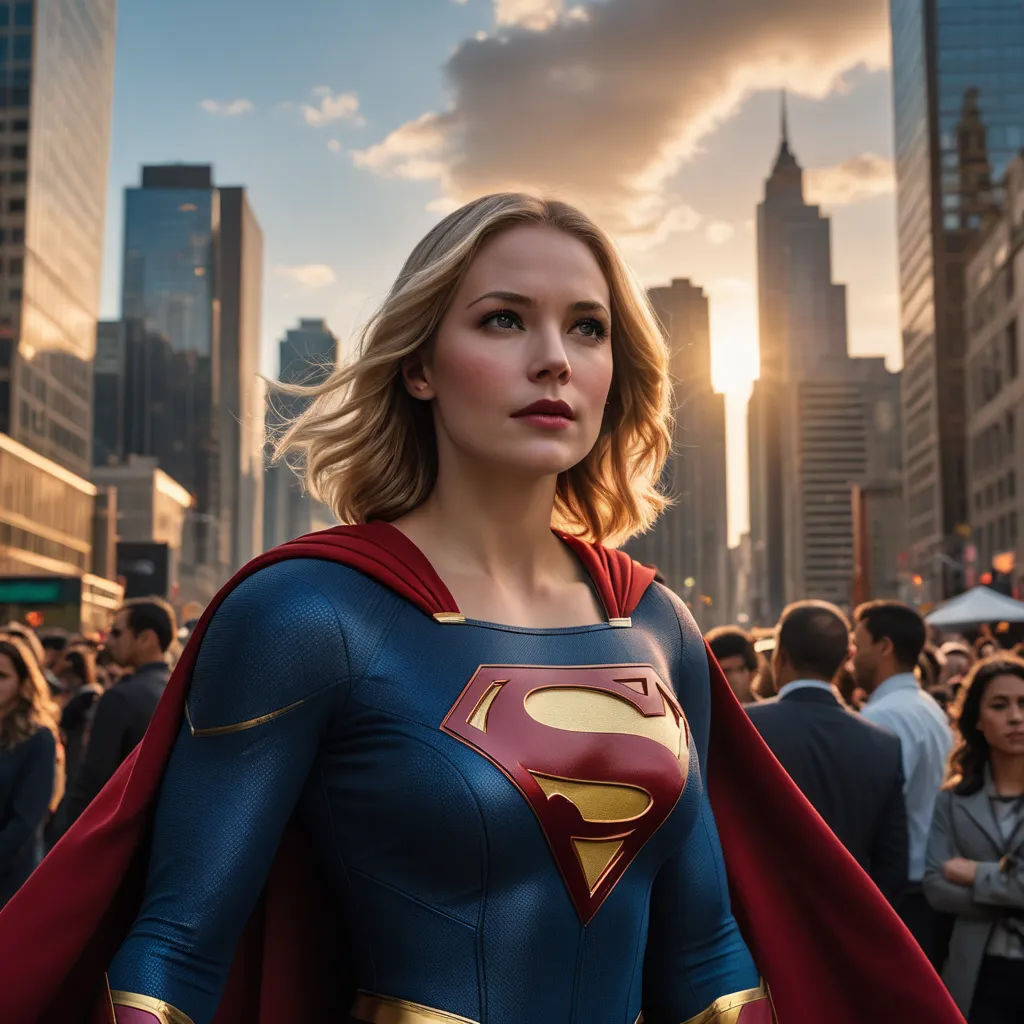 a woman in a superman suit standing in front of a crowd of people in a city at sunset with a sky background, superflat, a comic book panel, Alan Davis, promotional image
