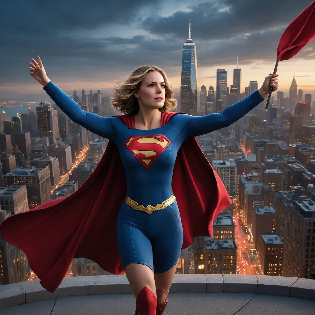a woman in a superman costume is flying in the air over a city at night with her arms outstretched, superflat, a poster, Altichiero, promotional image