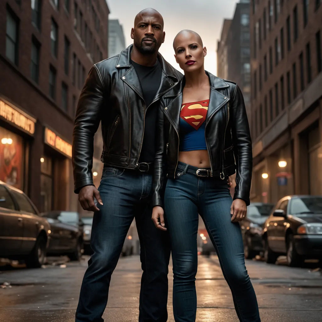 a man and a woman standing on a street in front of a building with cars and buildings in the background, afrofuturism, poster art, Everett Warner, promotional image