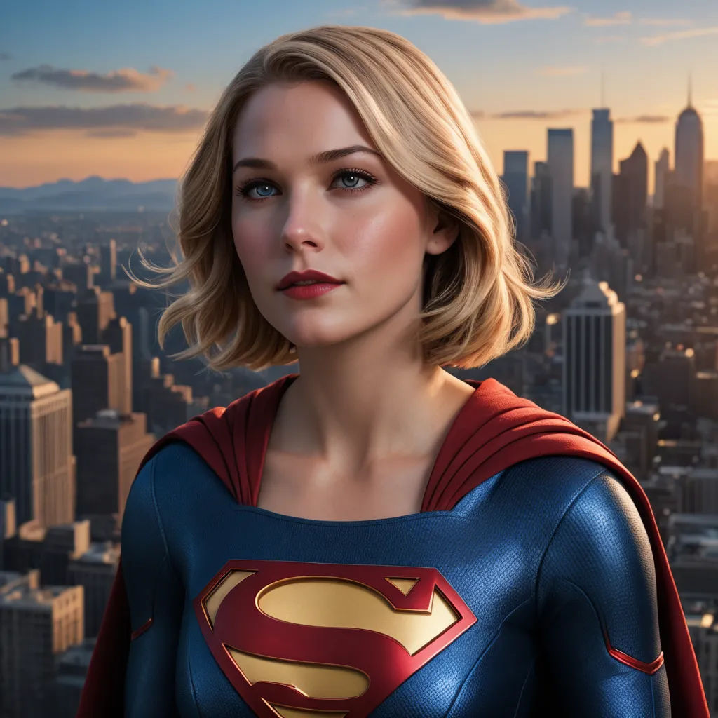 a woman in a superman suit standing in front of a cityscape with a sunset in the background, superflat, a photorealistic painting, Artgerm, promotional image