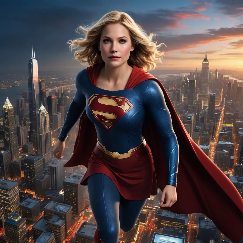a woman in a superman costume is walking through the city at night with a cityscape in the background, superflat, concept art, Artgerm, promotional image