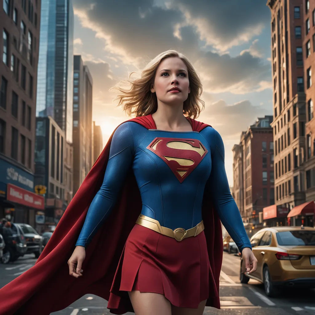 a woman in a superman costume is walking down the street with a car behind her and a sky background, superflat, a comic book panel, Artgerm, promotional image