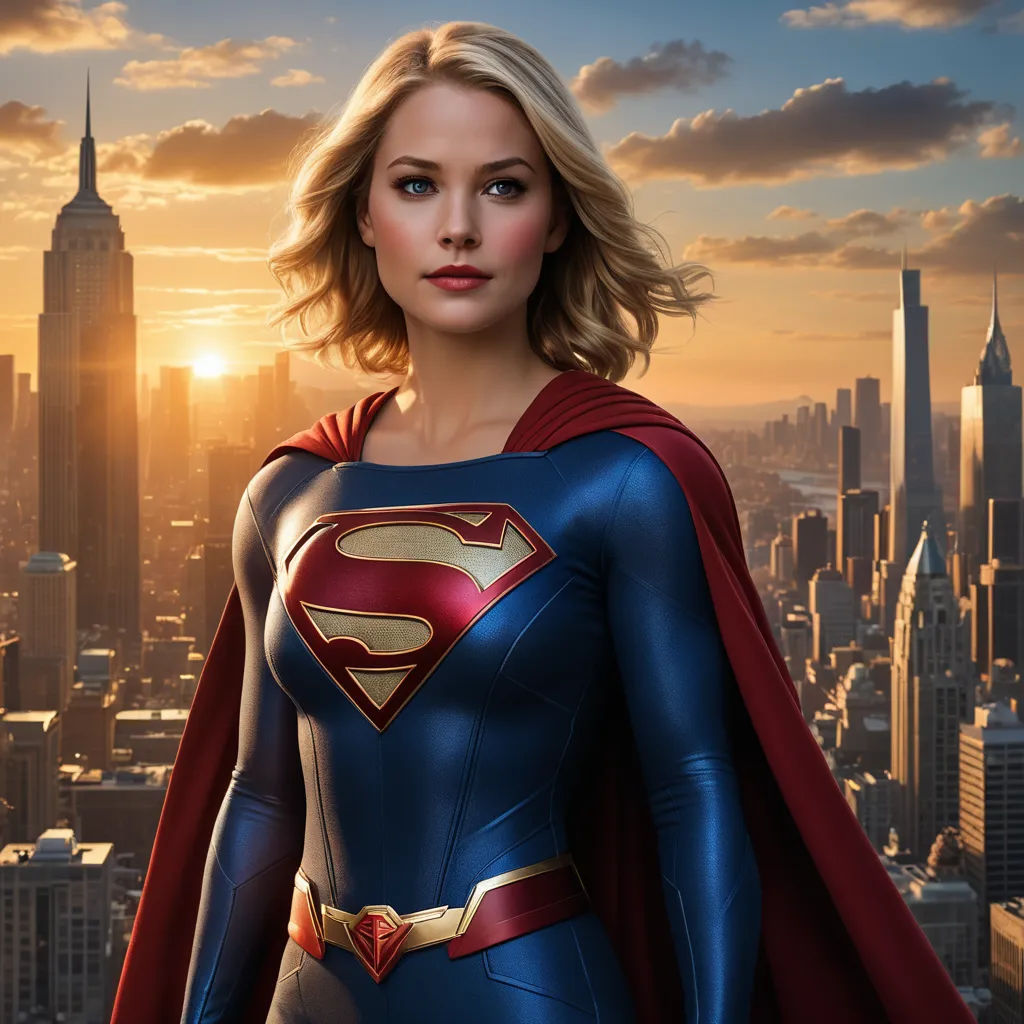 a woman in a superman suit standing in front of a city skyline at sunset with a red cape on, superflat, a comic book panel, Americo Makk, promotional image