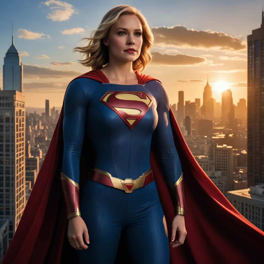 a woman in a superman suit standing in front of a city skyline at sunset with a red cape on, superflat, a comic book panel, Alex Ross, promotional image