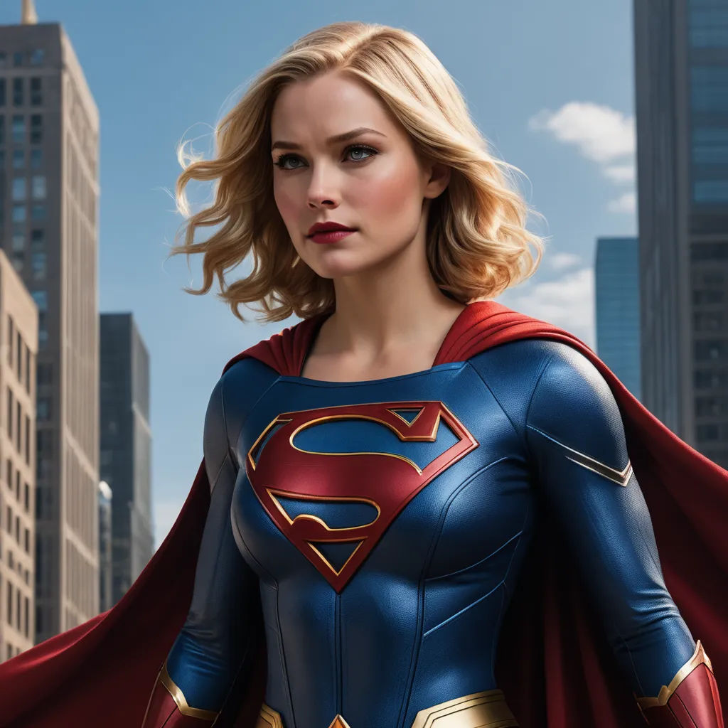 a woman in a superman suit standing in front of a city skyline with skyscrapers and clouds in the background, superflat, a comic book panel, Alex Ross, promotional image