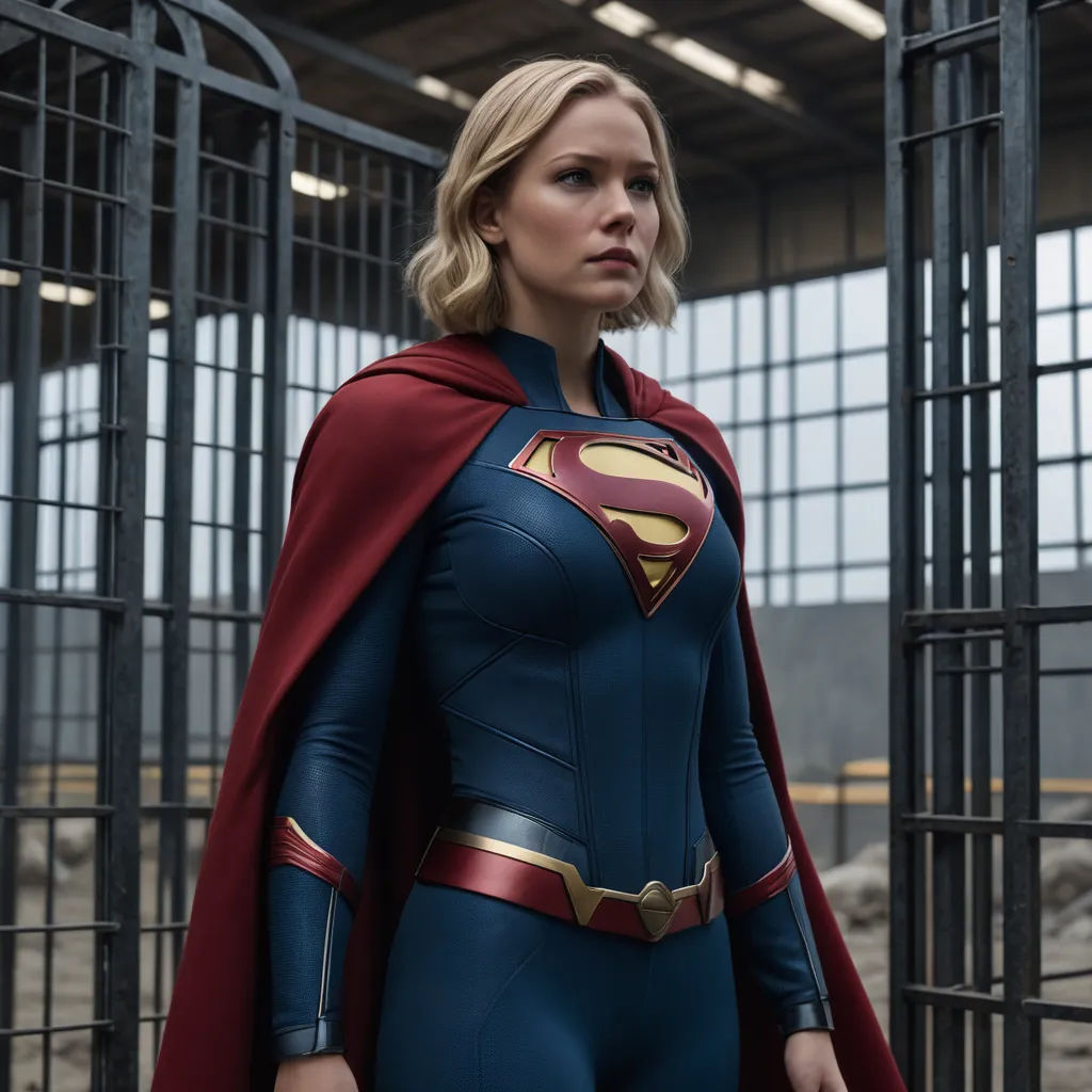 a woman in a superman suit standing in a jail cell area with a red cape on her shoulders and a red cape on her head, superflat, a comic book panel, Barbara Greg, promotional image