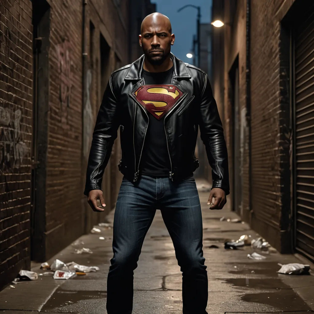 a man in a leather jacket standing on a street with a superman shirt on and a black jacket on, superflat, a character portrait, Everett Warner, promotional image