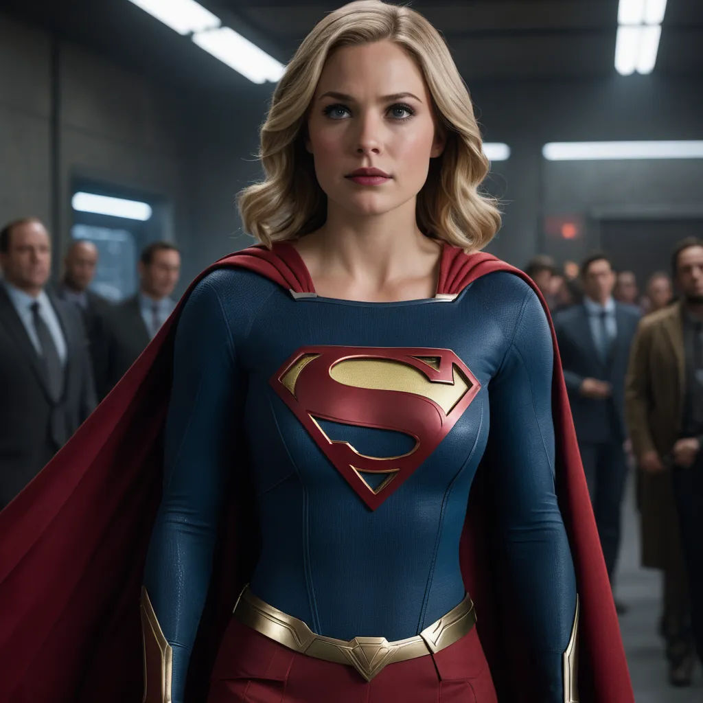 a woman in a superman suit standing in a hallway with other people in the background and a man in a suit standing behind her, superflat, a comic book panel, Everett Warner, promotional image