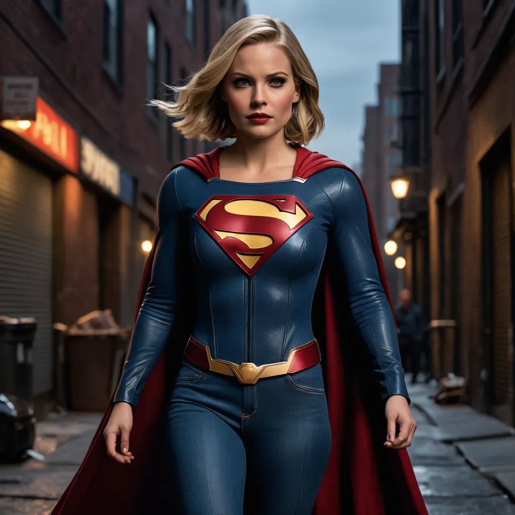 a woman in a superman costume is walking down the street in a city at night with a red cape, superflat, a comic book panel, Everett Warner, promotional image