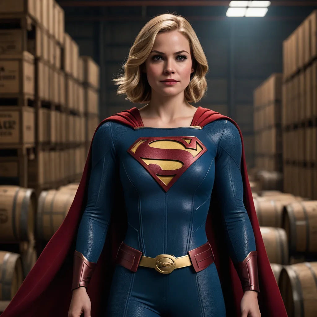 a woman in a superman costume standing in a warehouse with barrels of wine behind her and a red cape, superflat, a poster, Dorothy Coke, promotional image