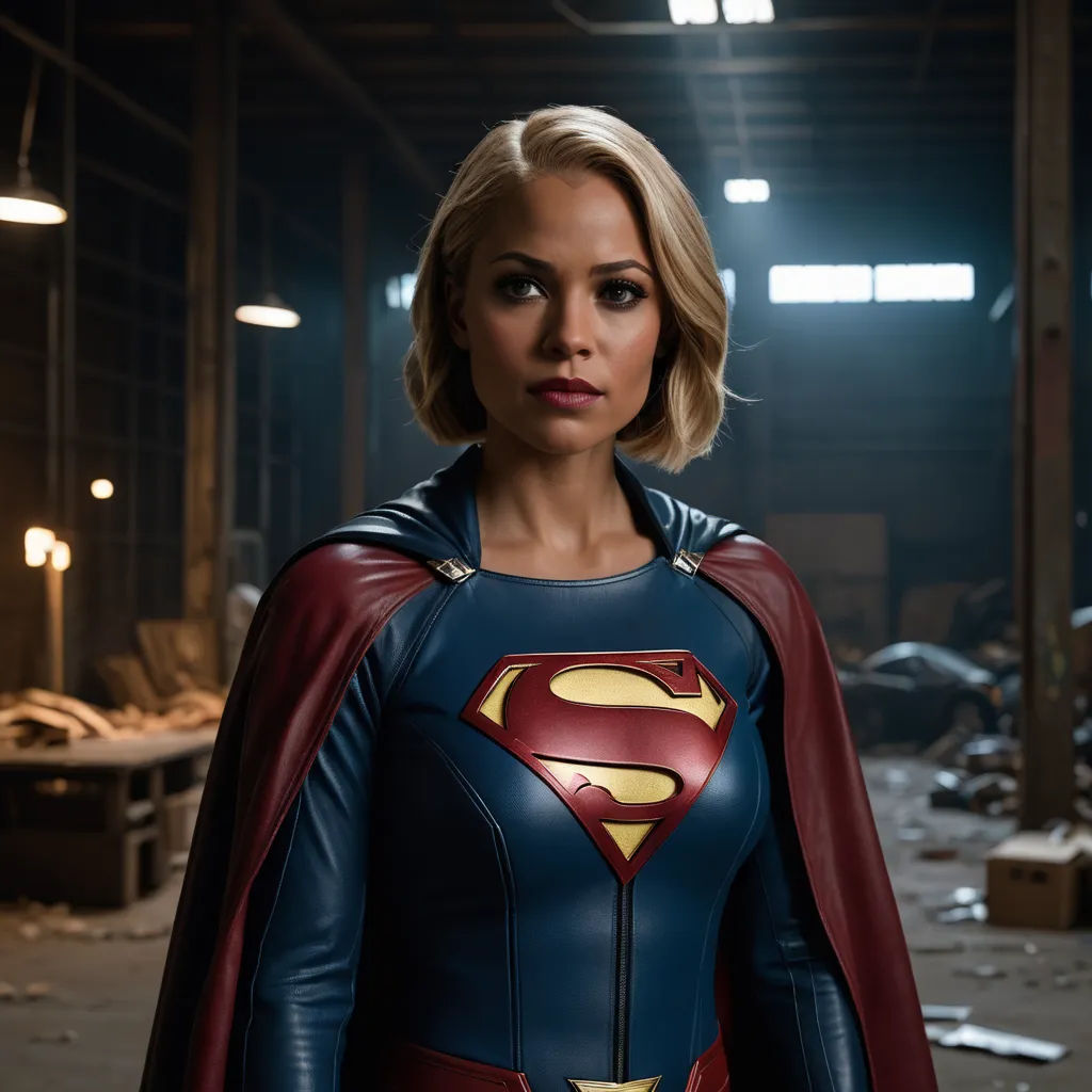 a woman in a superman costume standing in a warehouse with a light on behind her and a dark background, superflat, a comic book panel, Daphne Allen, promotional image