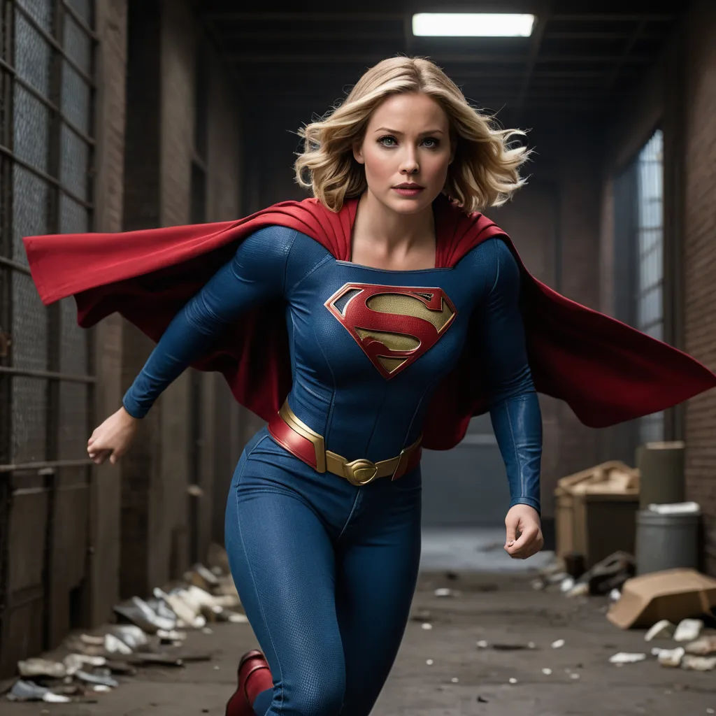 a woman in a superman costume running through a hallway with a red cape on her head and a red cape on her shoulders, superflat, a comic book panel, Everett Warner, promotional image
