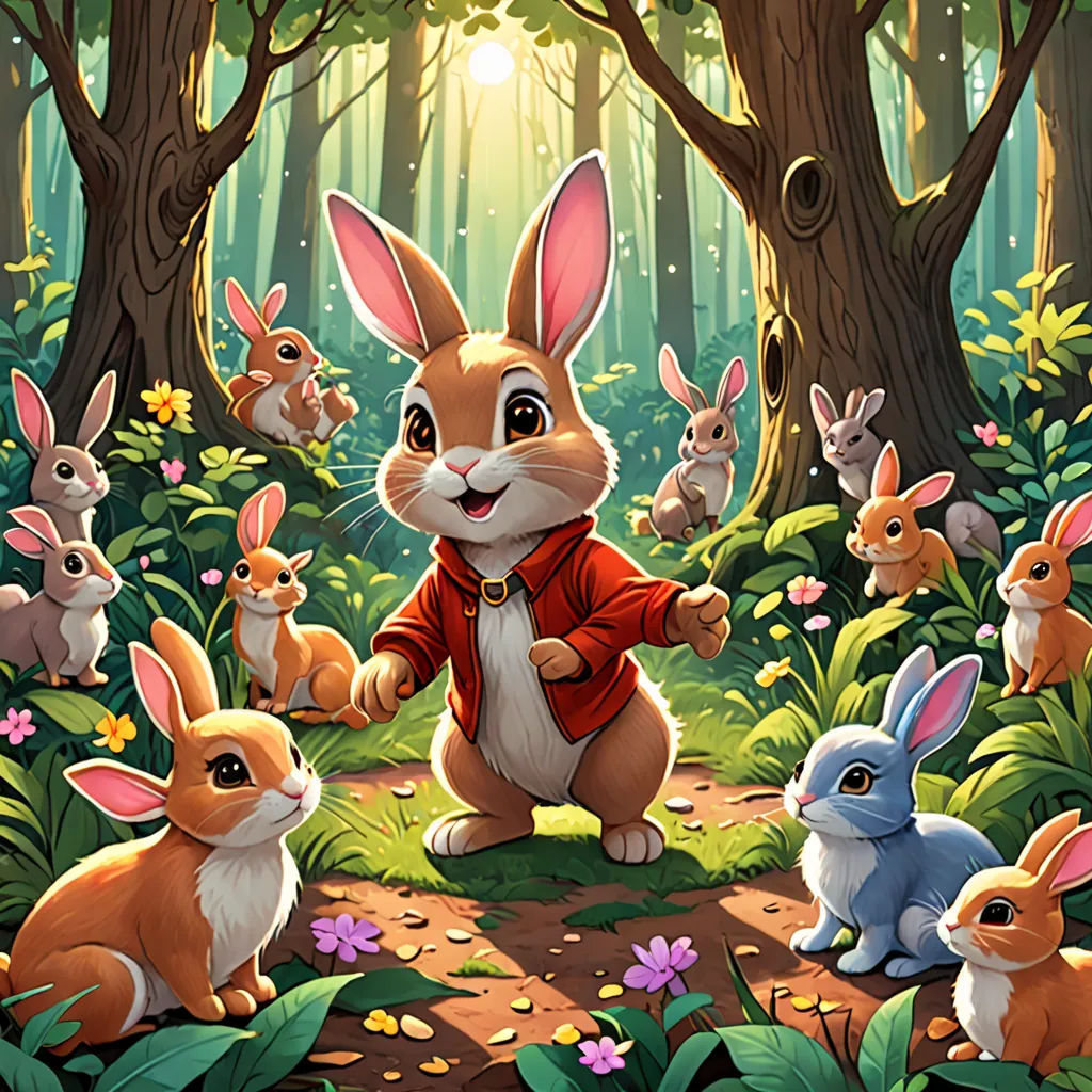 a painting of a rabbit in the forest surrounded by rabbits and other animals, with a sunbeam in the background, furry art, a storybook illustration, Chris LaBrooy, rossdraws global illumination