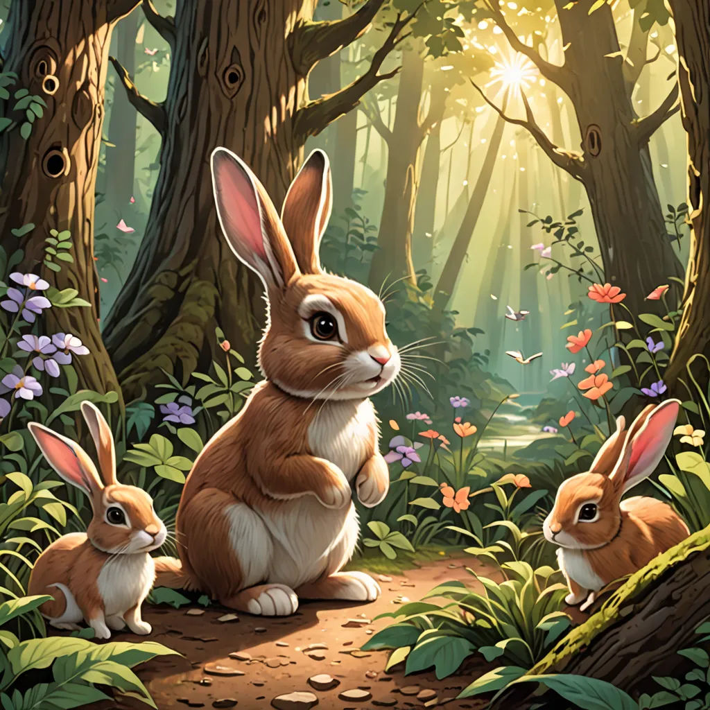 a painting of two rabbits in a forest with flowers and butterflies around them, and a sunbeam in the background, furry art, a storybook illustration, Dan Mumford, rossdraws global illumination