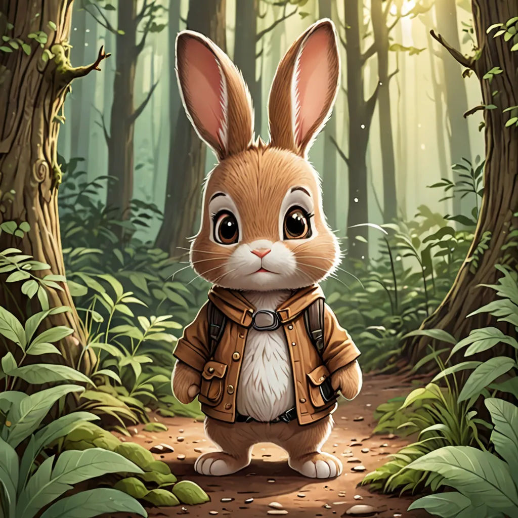 a rabbit in a forest with a jacket on and a backpack on his back, standing in the middle of a path, furry art, a character portrait, Dan Mumford, rossdraws global illumination