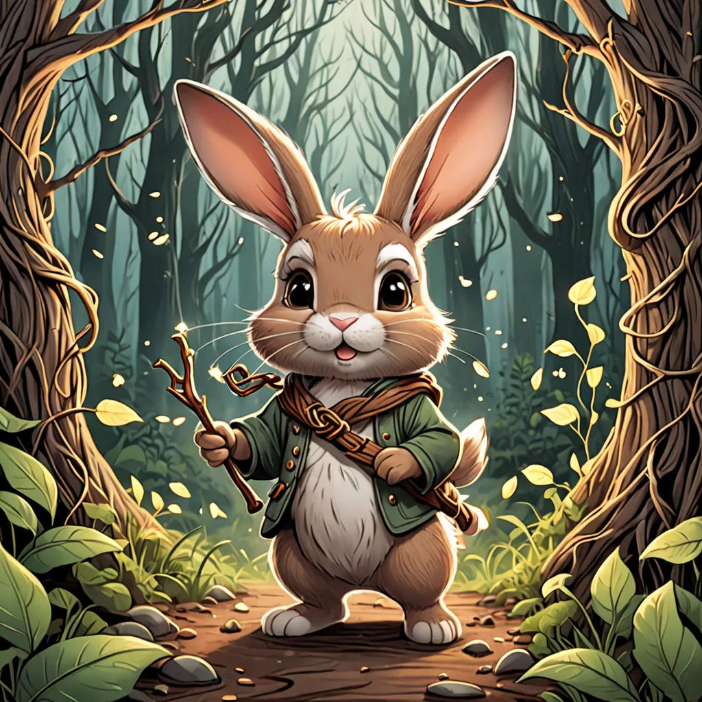 a rabbit with a gun in a forest with leaves and trees, in the background is a forest with a rabbit holding a rifle, fantasy art, a storybook illustration, Dan Mumford, rossdraws global illumination