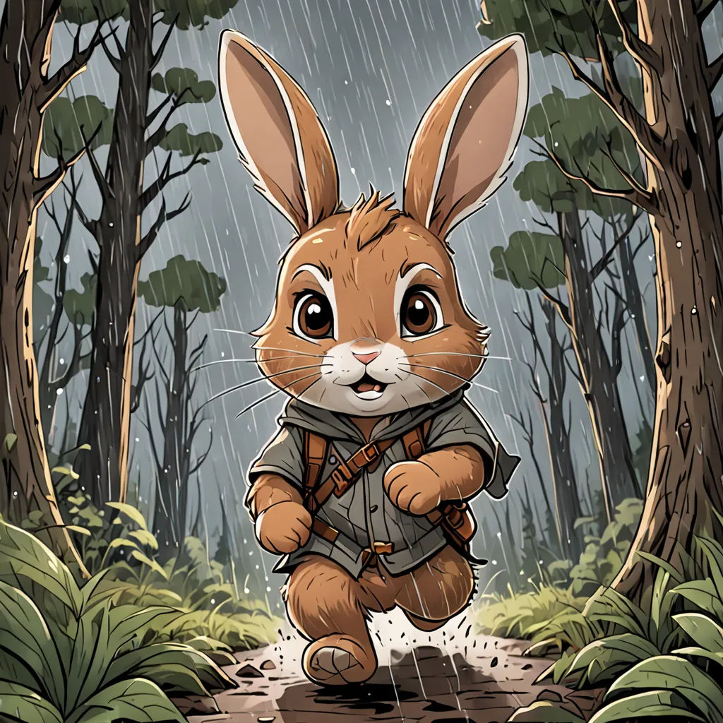 a rabbit in a raincoat is walking through the woods in the rain with a backpack on his back, furry art, a storybook illustration, Dan Mumford, josan gonzales and dan mumford