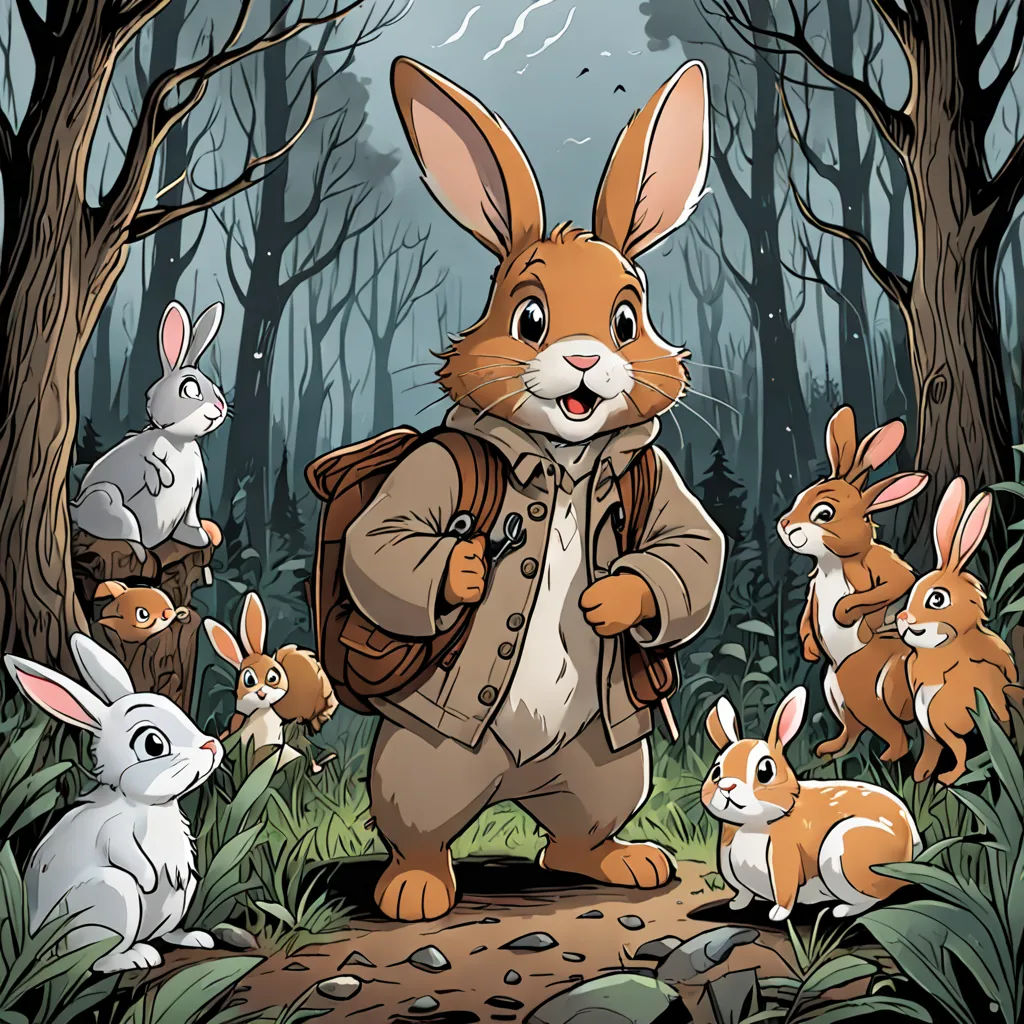 a rabbit with a backpack surrounded by rabbits in the woods, with a full moon in the background, and a forest scene with trees and a path, furry art, a storybook illustration, Dan Mumford, comic cover art