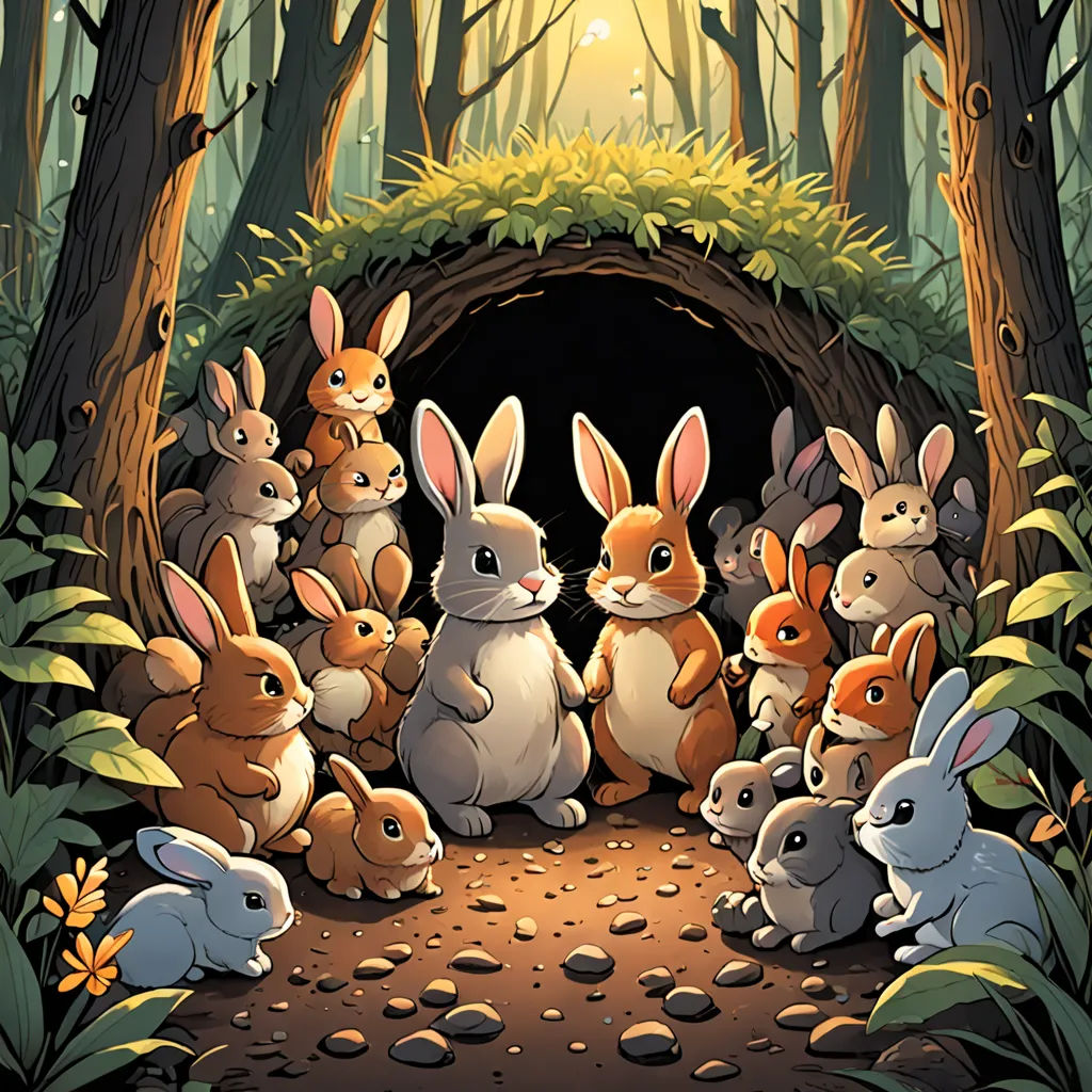 a group of rabbits sitting in a forest under a light at the end of a tunnel with a light shining on them, furry art, a storybook illustration, Dan Mumford, rossdraws global illumination
