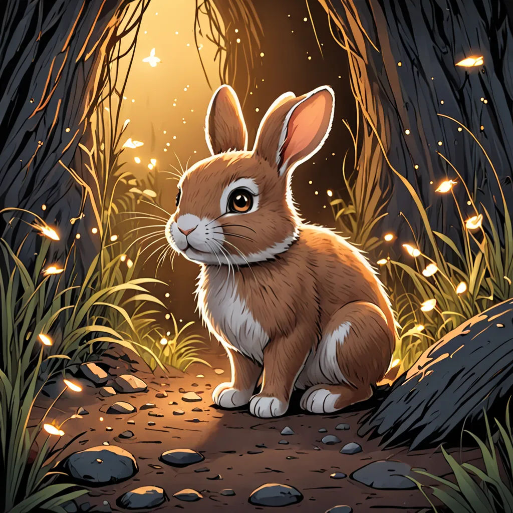 a rabbit sitting in the middle of a forest at night with a bright light behind it and grass and rocks, fantasy art, a storybook illustration, Dan Mumford, rossdraws global illumination