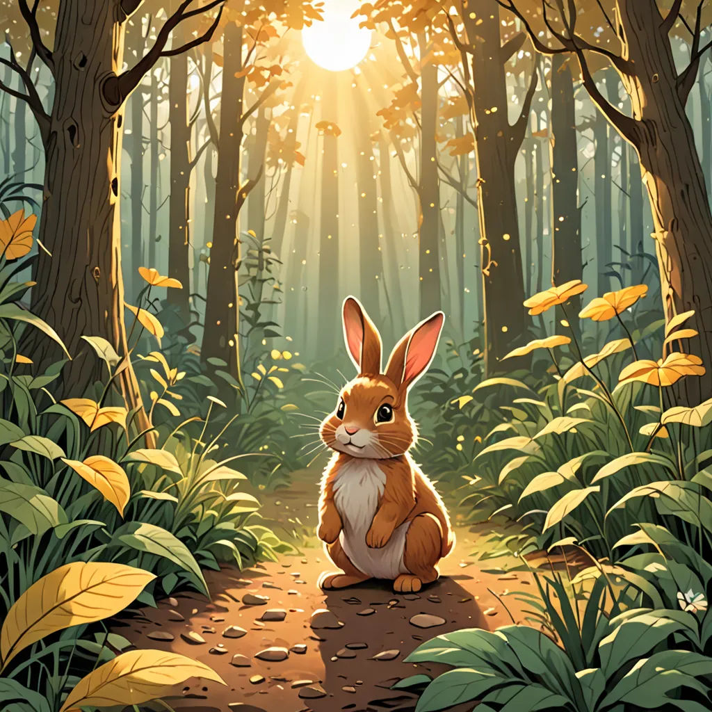 a rabbit sitting on a path in a forest with sun shining through the trees and leaves on the ground, fantasy art, a storybook illustration, Dan Mumford, rossdraws global illumination