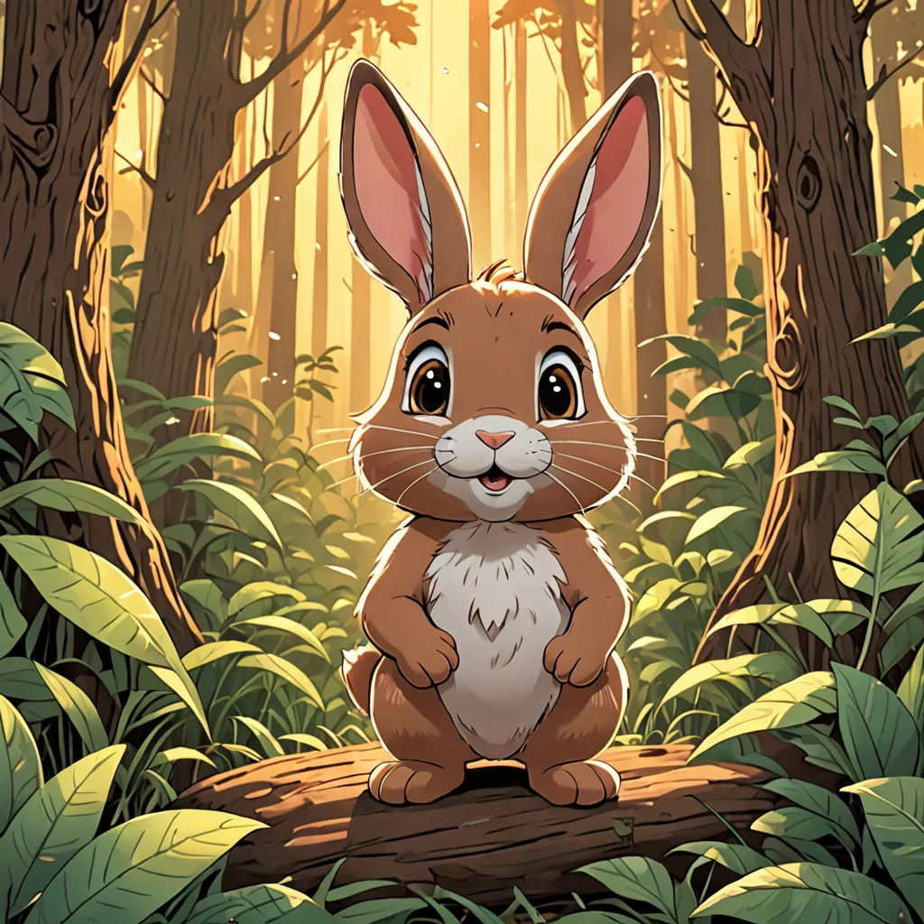 a rabbit sitting on a log in a forest with trees and plants around it, with a sunbeam in the background, furry art, a storybook illustration, Dan Mumford, rossdraws global illumination