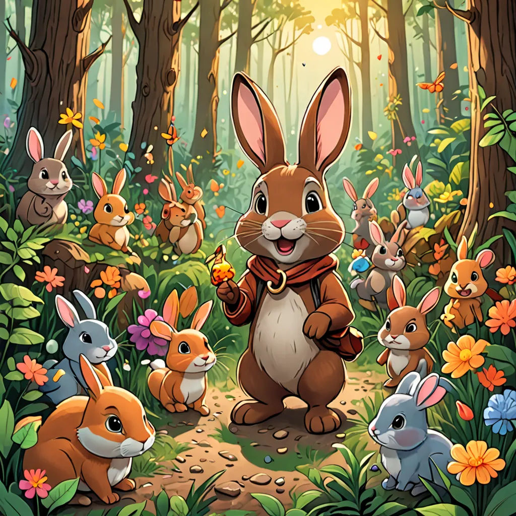 a rabbit with many rabbits in the forest with flowers and trees in the background, and a sunbeam, furry art, a storybook illustration, Dan Mumford, rossdraws global illumination