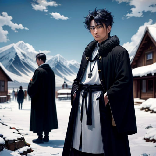 a man in a black coat standing in the snow with another man in a black coat behind him and a mountain in the background
