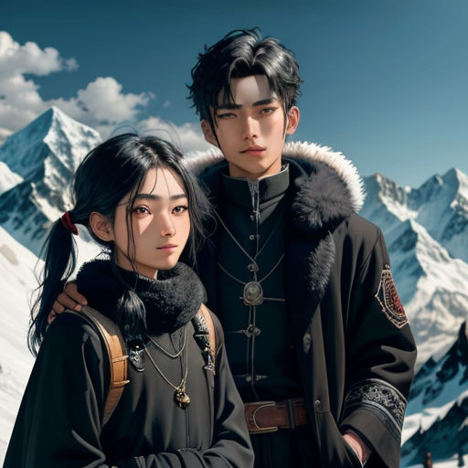 a couple of people standing next to each other in front of a mountain range with snow covered mountains in the background