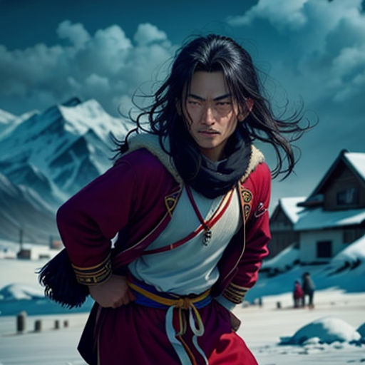 a man in a red outfit is standing in the snow with a mountain in the background and a house in the distance